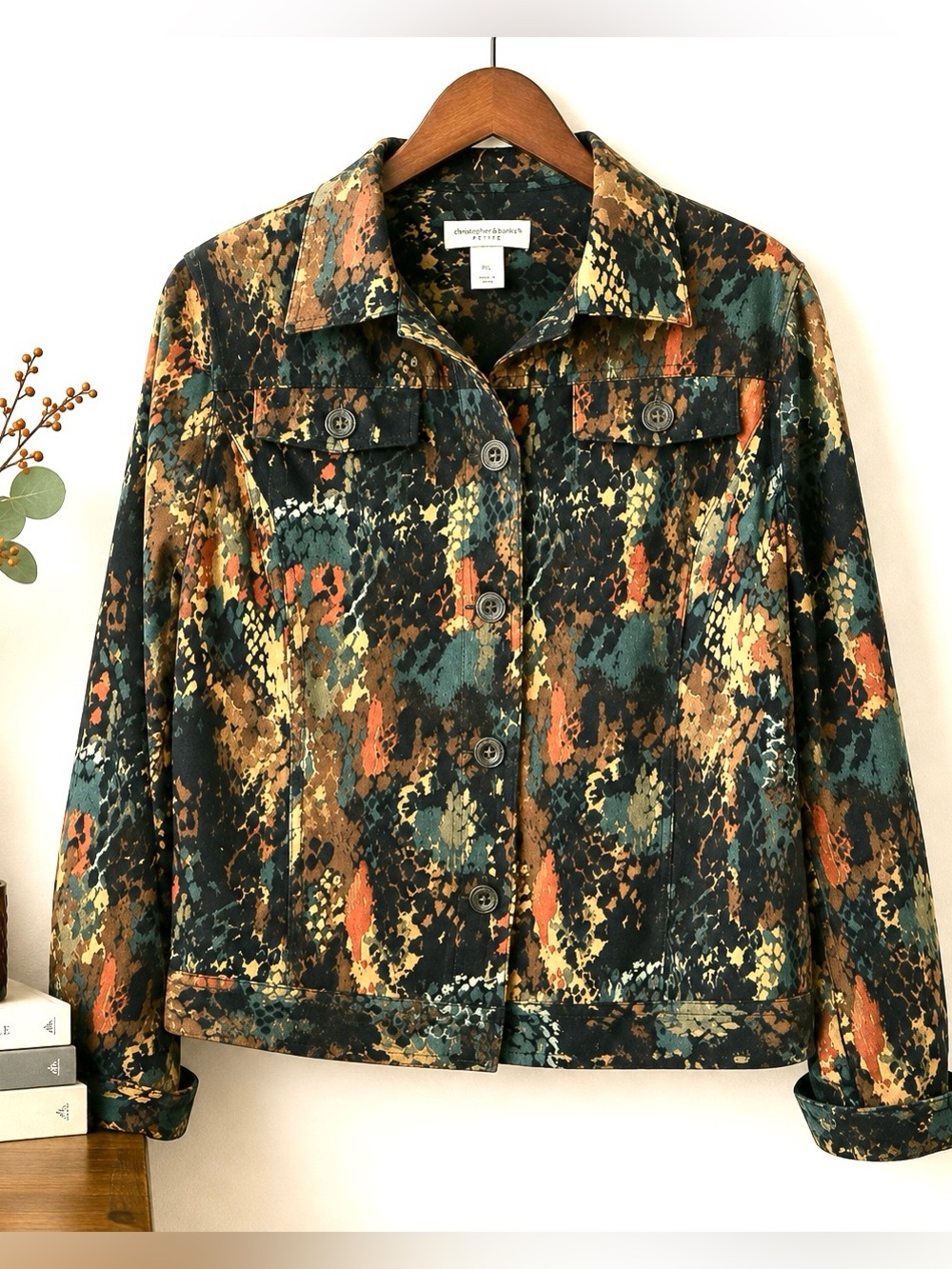 Abstract Animal Print Trucker Jacket Stretch Fall Petite M